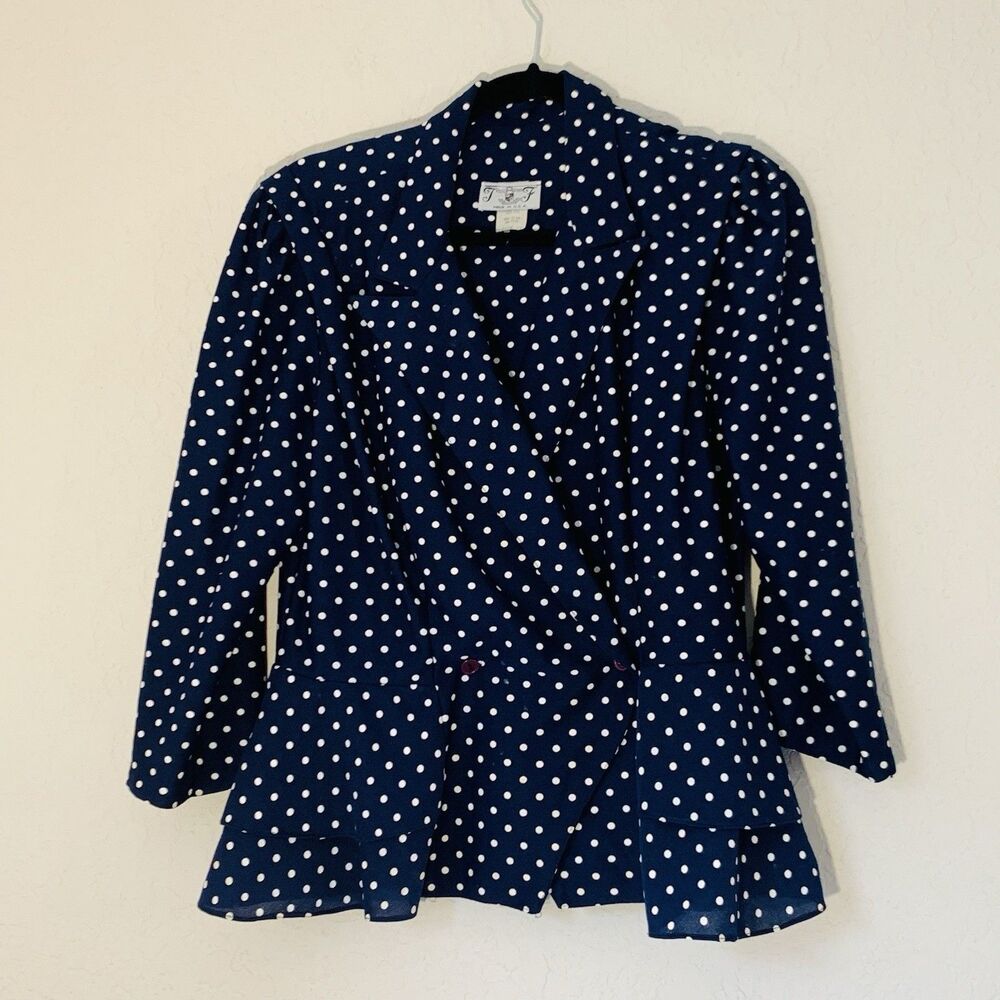 VTG 90s Blazer Jacket Women 12 Navy Blue‎ White Polka Dot Double Breasted Preppy